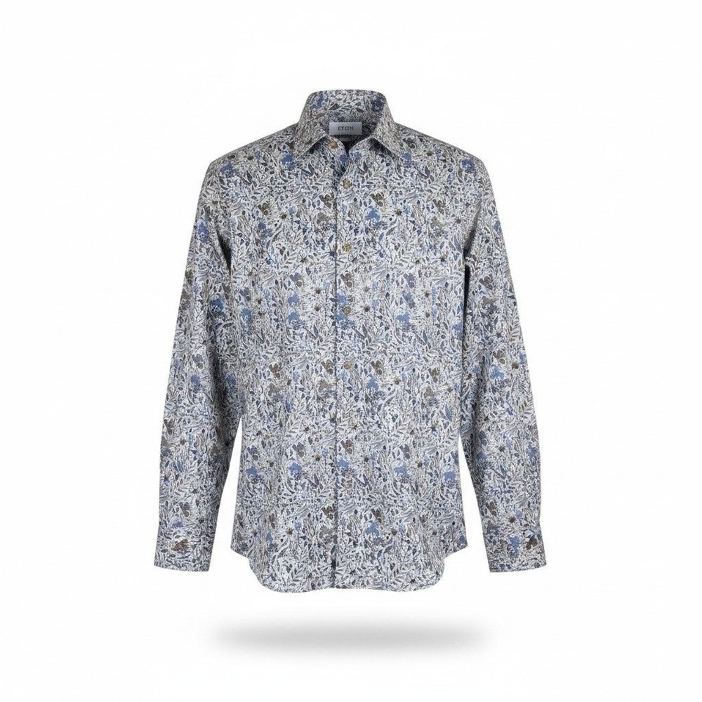 Eton Contemporary Fit Shirt Mens 17.5 44 XL Floral Botanical Blue Grey Luxury LS